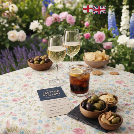 Wine glasses, a glass of soda, and snacks on a table with a 'Tasting Passport' card.