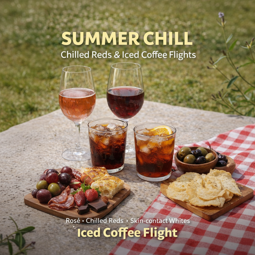 Outdoor setting with drinks and snacks on a table, featuring 'Summer Chill' text.