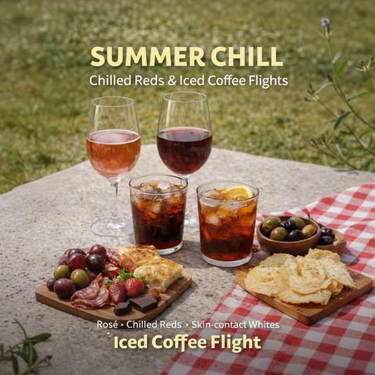 Outdoor setting with drinks and snacks on a table, featuring 'Summer Chill' text.