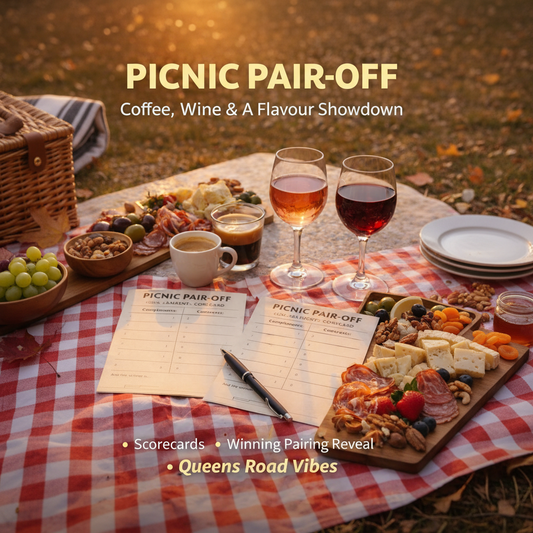 Picnic setup with coffee, wine, and food on a checkered tablecloth, featuring 'Picnic Pair-Off' text.